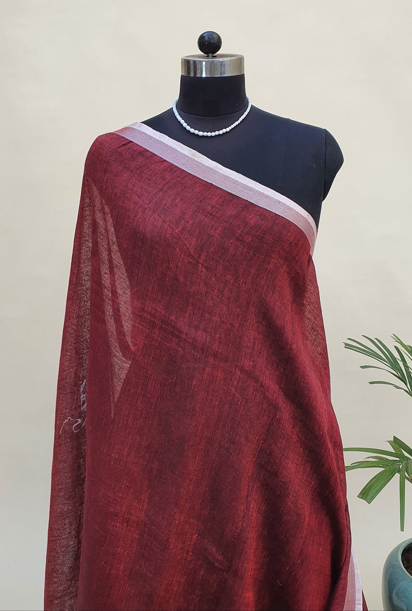Red Wine Hand Woven Linen Saree LNHW-0010