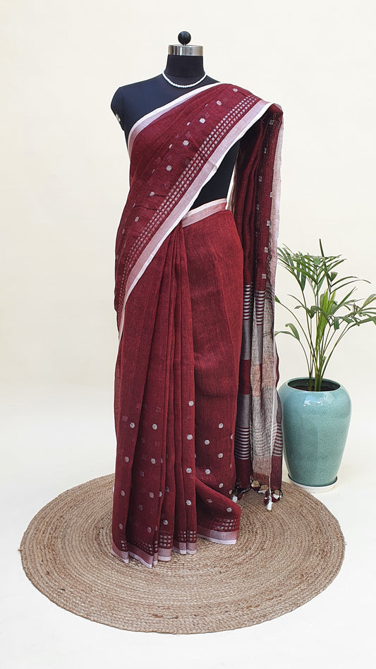 Red Wine Hand Woven Linen Saree LNHW-0010
