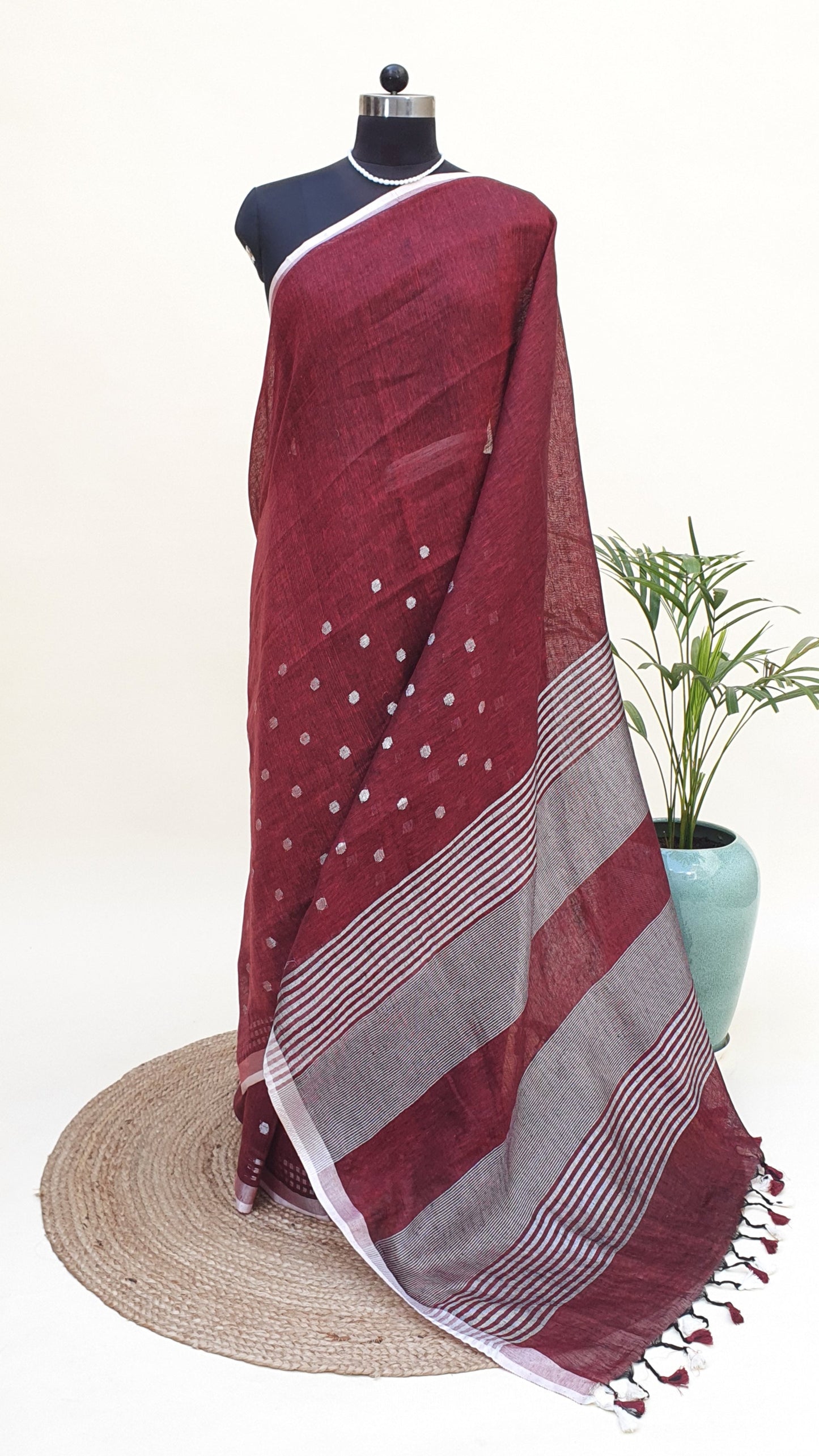 Red Wine Hand Woven Linen Saree LNHW-0010