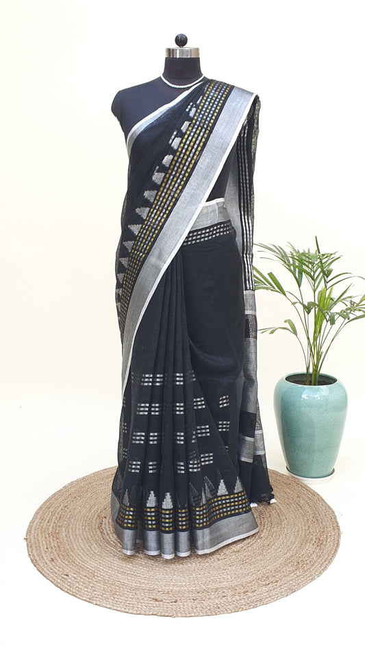 Black Hand Woven Linen Saree LNHW-0006