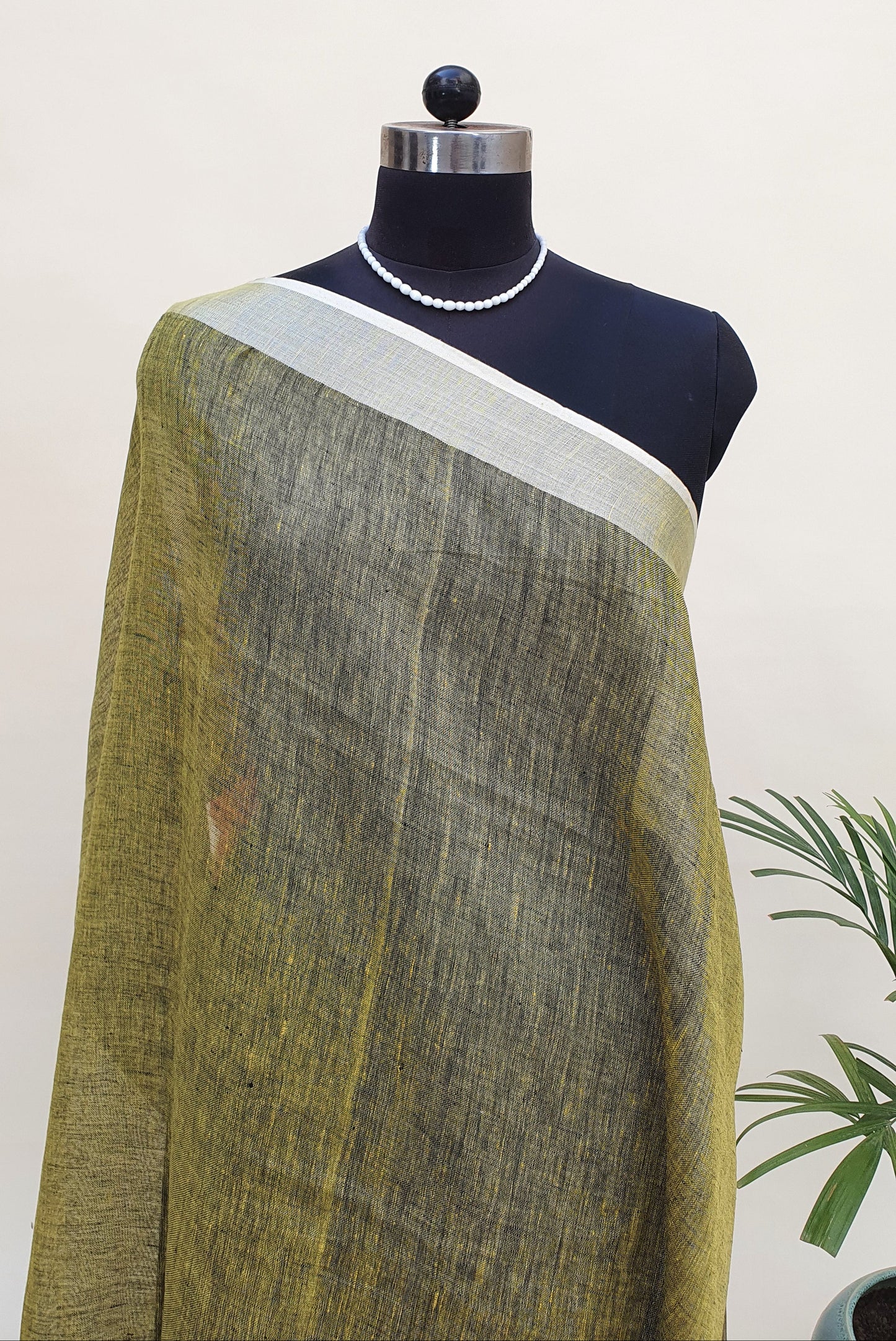 Olive Green Hand Woven Linen Saree LNHW-0005