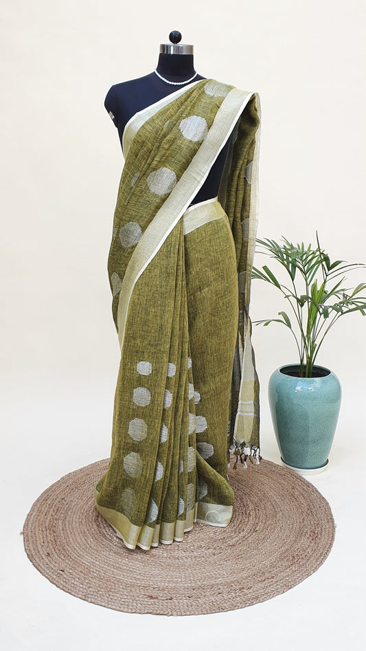 Olive Green Hand Woven Linen Saree LNHW-0005