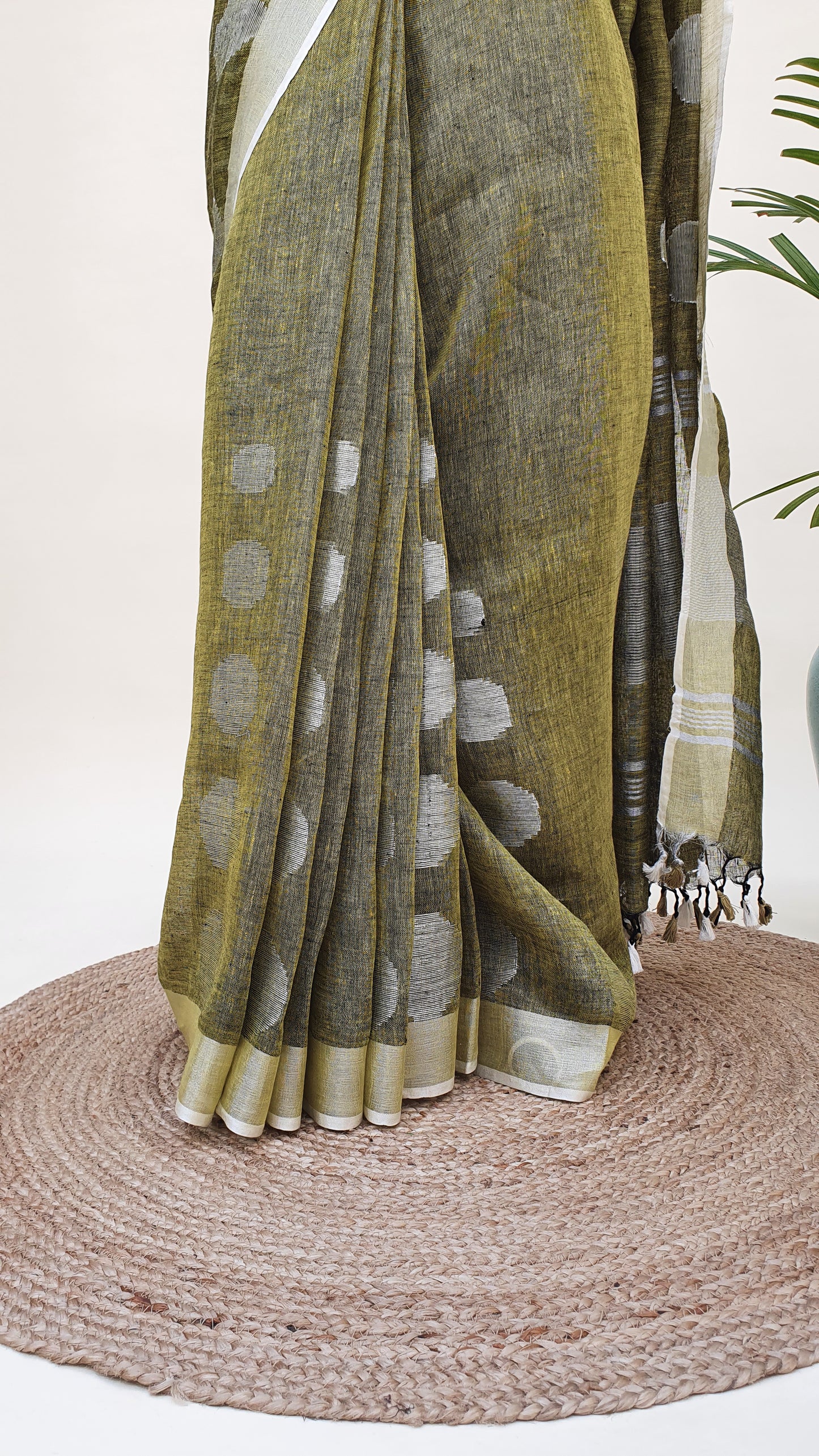 Olive Green Hand Woven Linen Saree LNHW-0005