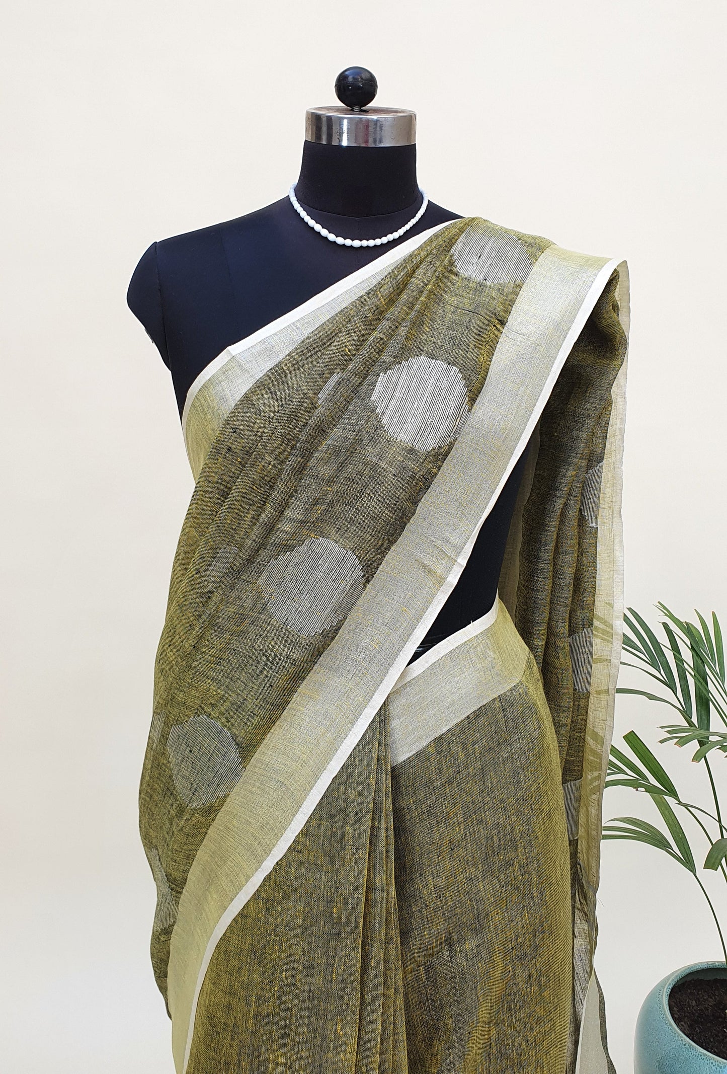 Olive Green Hand Woven Linen Saree LNHW-0005