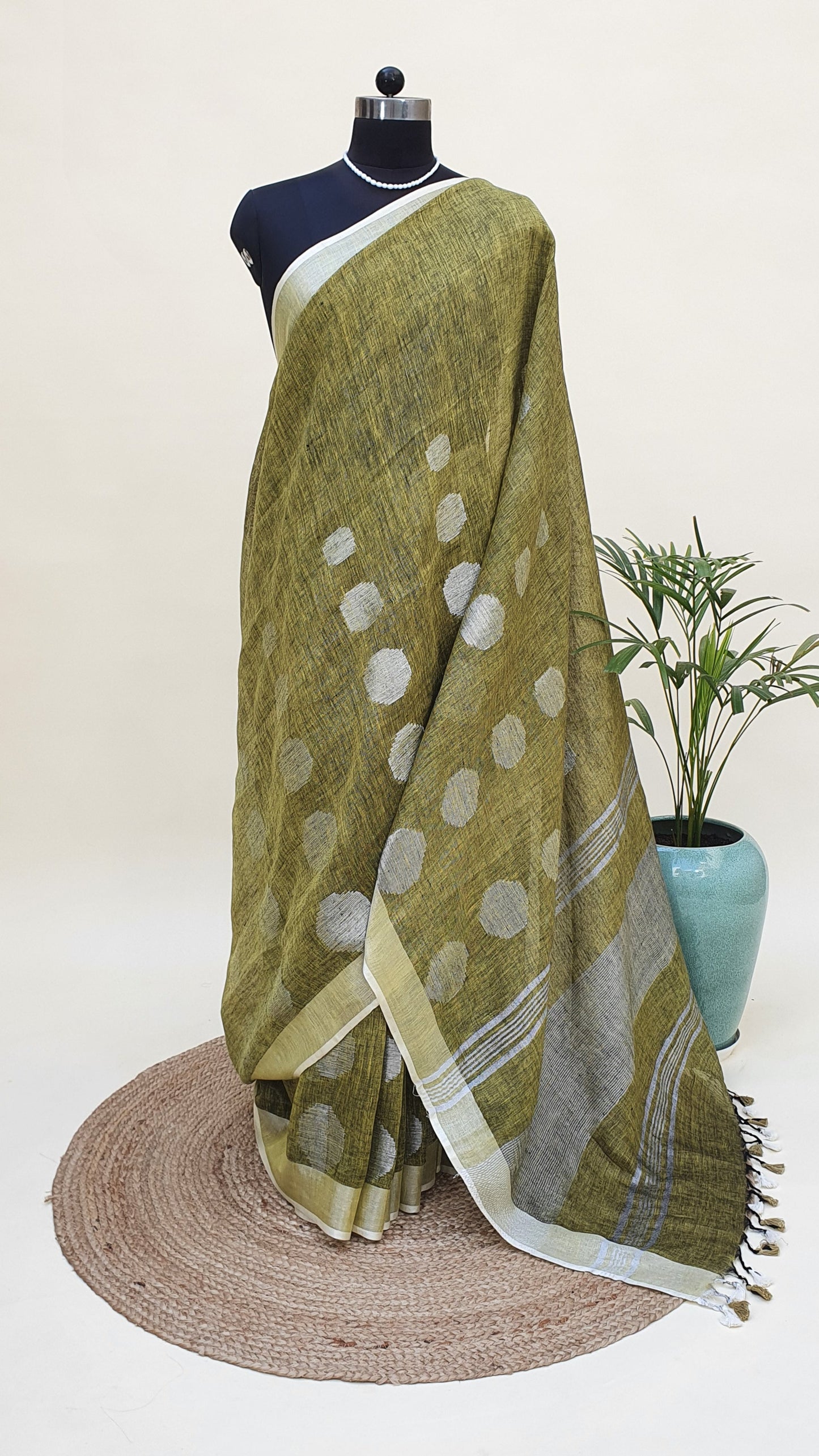 Olive Green Hand Woven Linen Saree LNHW-0005