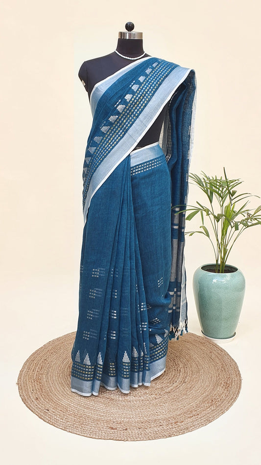Bottle Green Hand Woven Linen Saree LNHW-0007