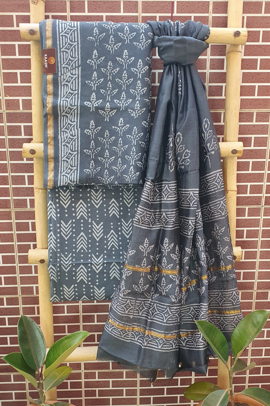 Royal Grey Hand Block Print Chanderi Suit CHHB-0003