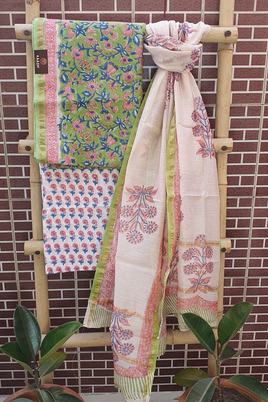 Granny Smith Green Hand Block Print Chanderi Suit CHHB-0005