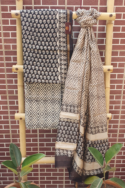 Black & Bisque Hand Block Print Chanderi Suit CHHB-0012