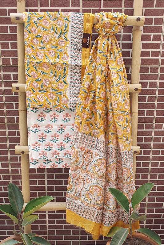 Saffron Yellow Hand Block Print Chanderi Suit CHHB-0008