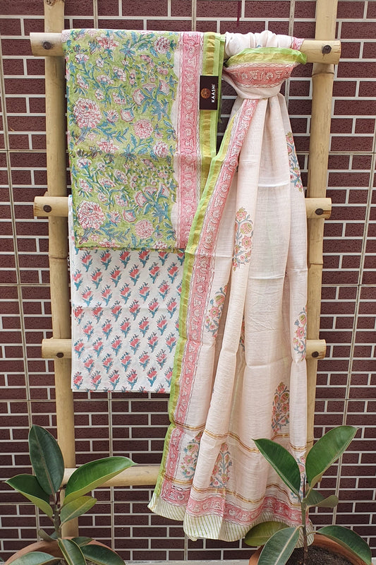 Lace Pink & Green Hand Block Print Chanderi Suit CHHB-0010