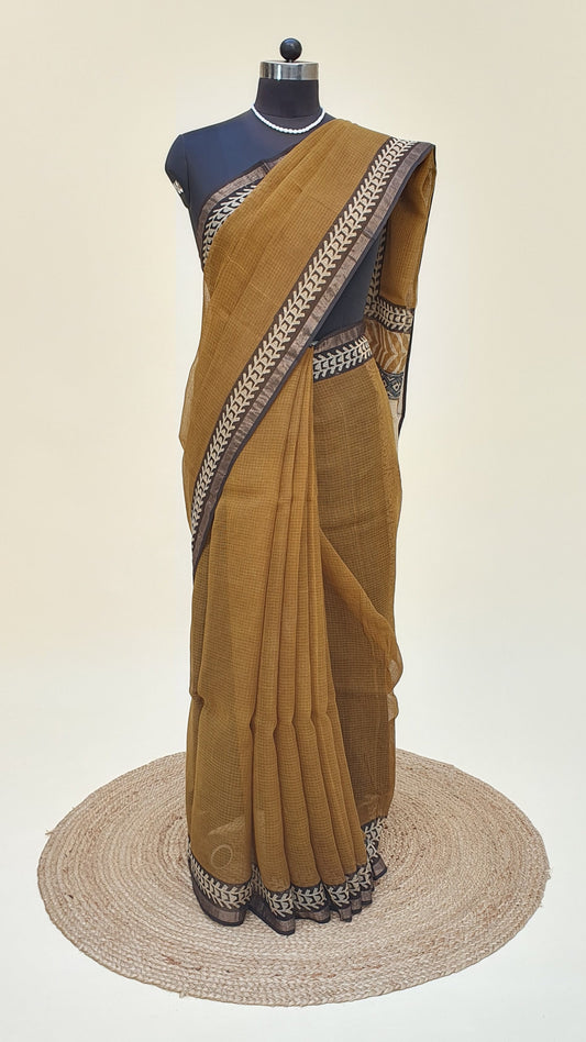 Brown Hand Block Print Kota Doria Saree | Kaashi Handloom