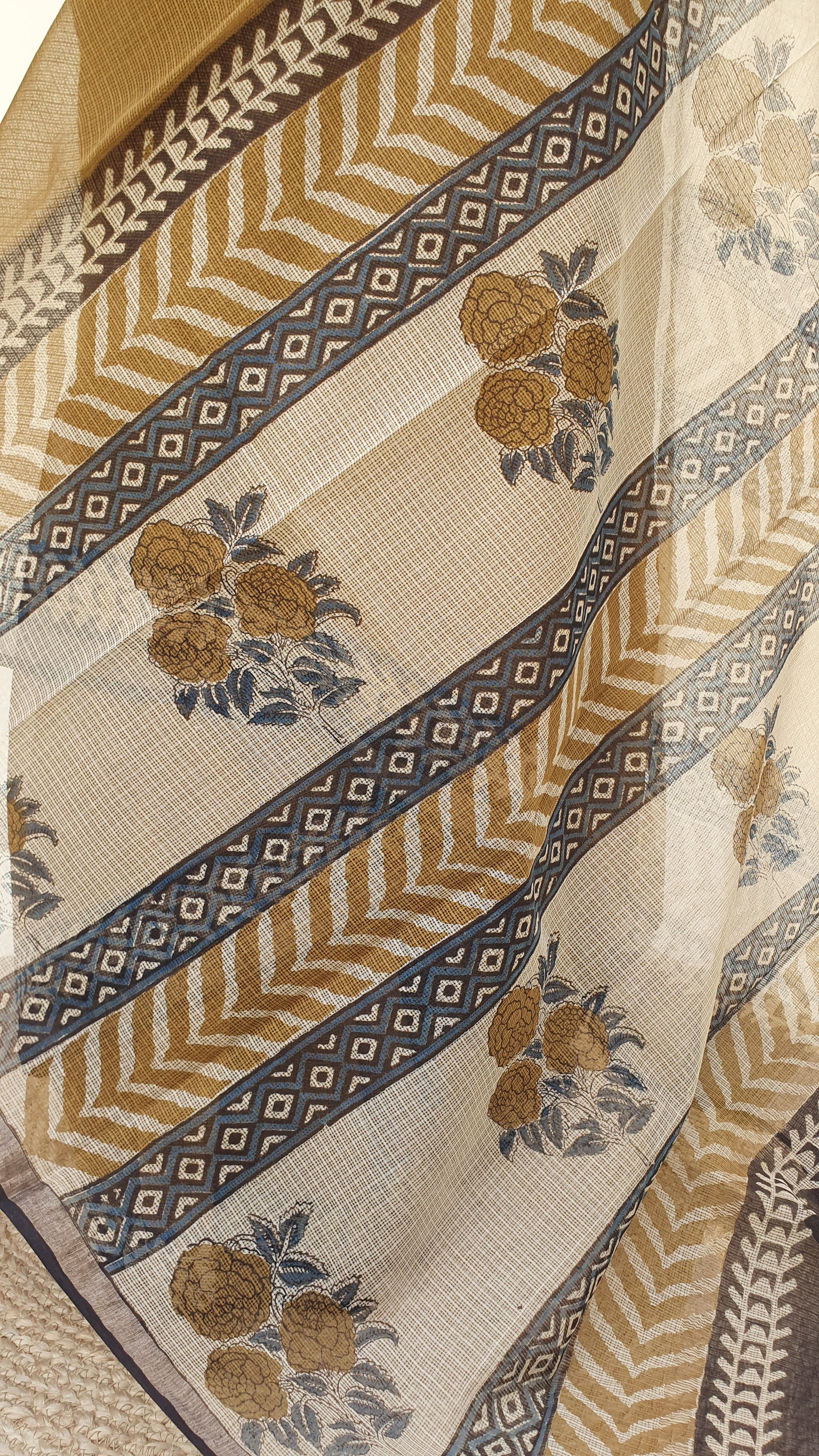 Brown Hand Block Print Kota Doria Saree | Kaashi Handloom