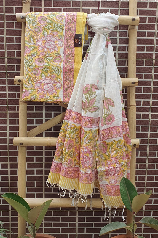 Hand Block Printed Cotton Suit with Linen Dupatta 