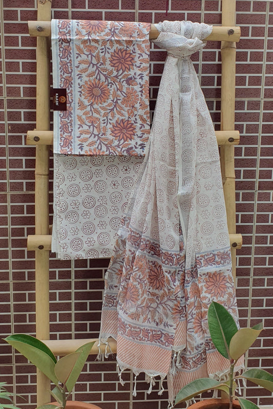 Burnt Copper Hand Block Printed Cotton Suit with Linen Dupatta 
