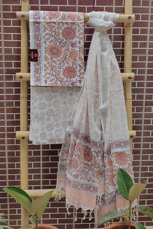 Brown Hand Block Printed Cotton Suit with Linen Dupatta