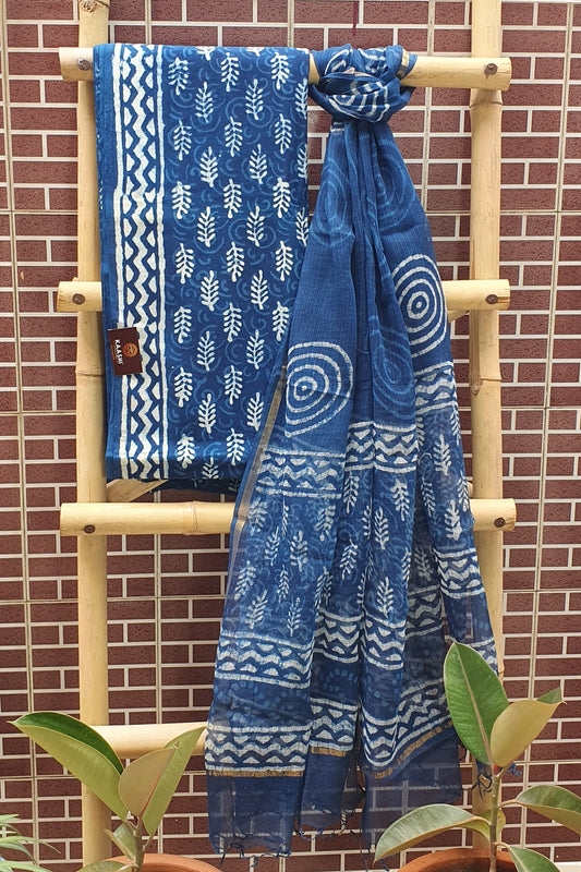 Indigo Hand Block Print Cotton Suit with Kota Doria Dupatta 