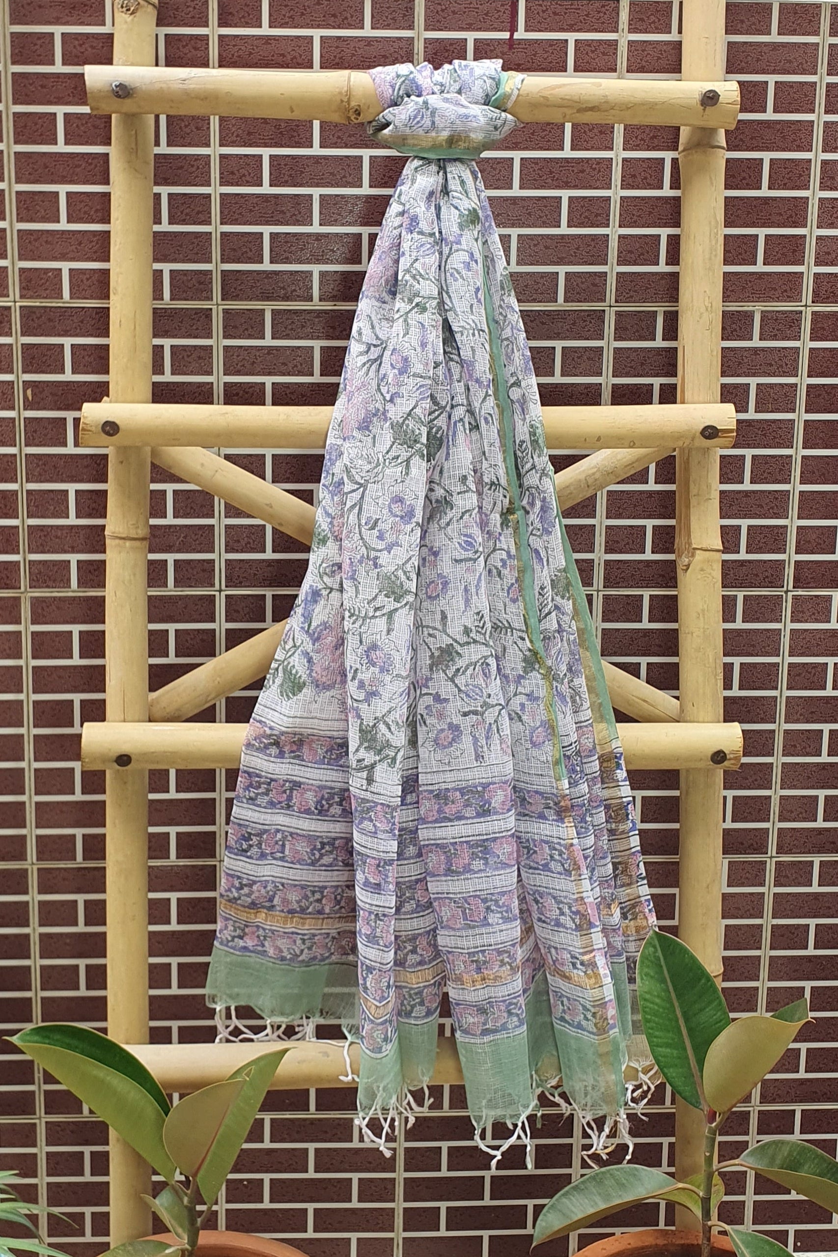 Green Hand Block Printed Cotton Suit with Kota Doria Dupatta