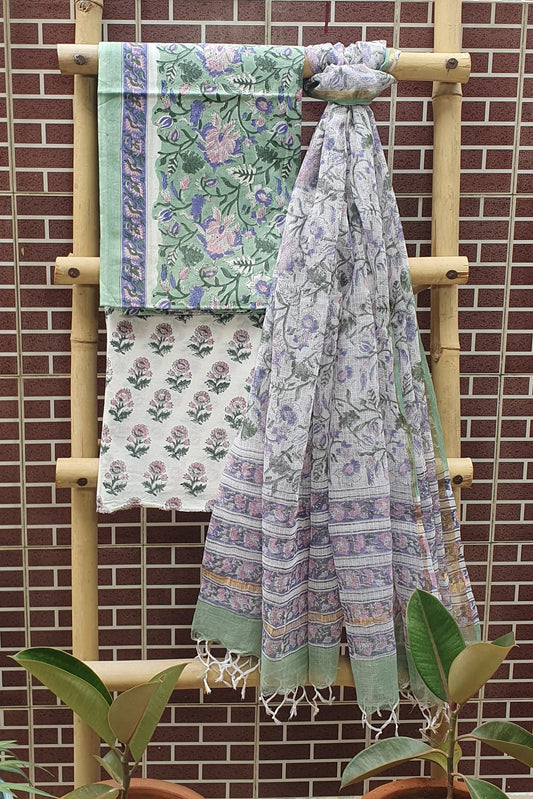 Green Hand Block Printed Cotton Suit with Kota Doria Dupatta