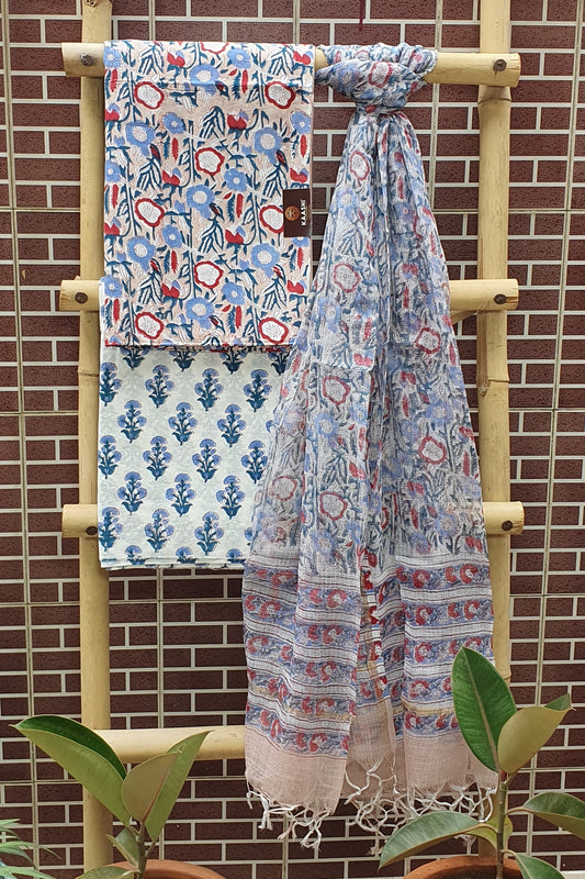 Blue Hand Block Printed Cotton Suit with Kota Doria Dupatta 