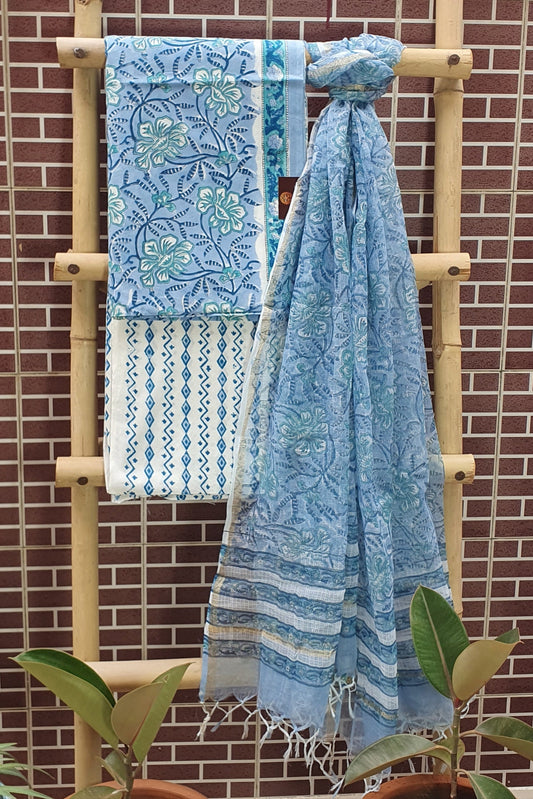 Blue Hand Block Printed Cotton Suit with Kota Doria Dupatta