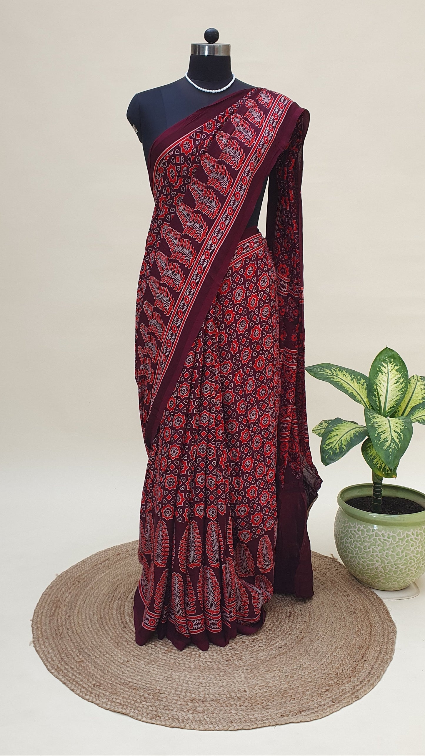 Varnika Ajrakh Modal Silk Saree | Zari Pallu – MSAJ-0013