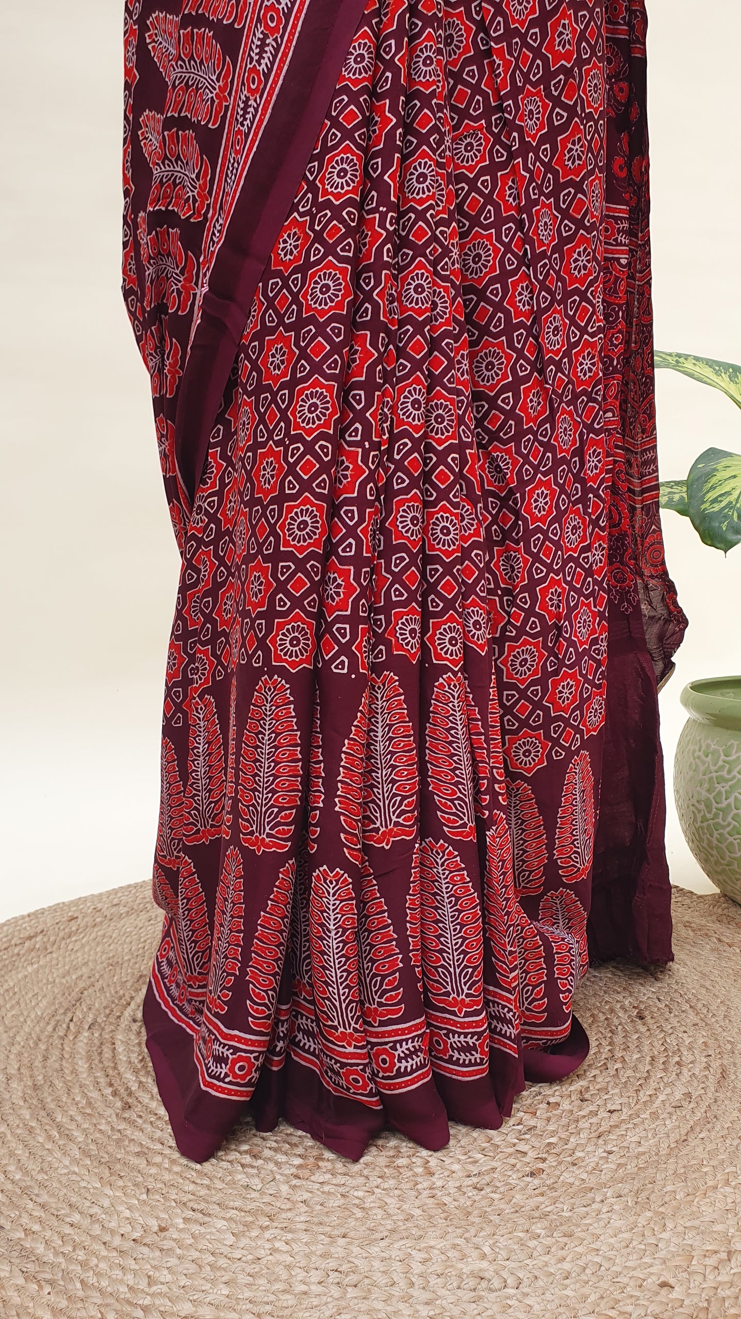 Varnika Ajrakh Modal Silk Saree | Zari Pallu – MSAJ-0013