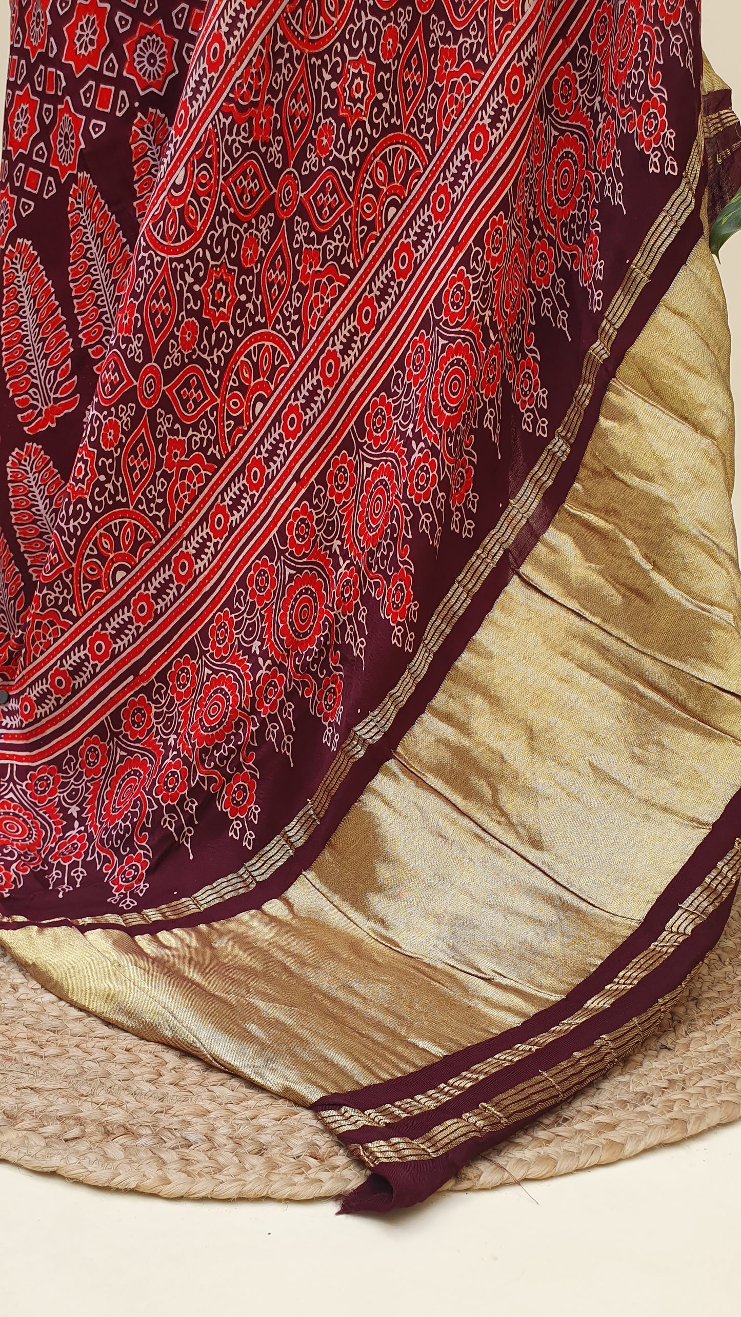 Varnika Ajrakh Modal Silk Saree | Zari Pallu – MSAJ-0013