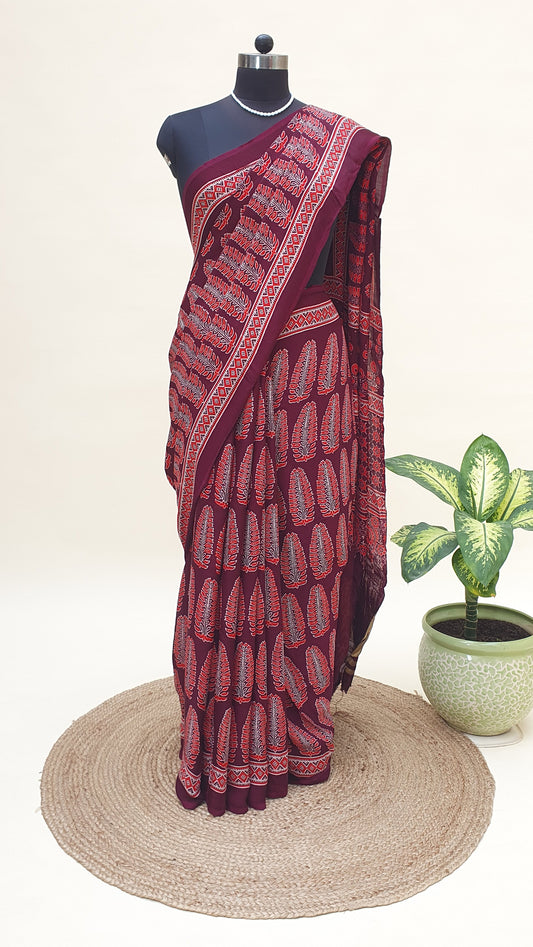 Raktambari Ajrakh Modal Silk Saree | Zari Pallu – MSAJ-0012