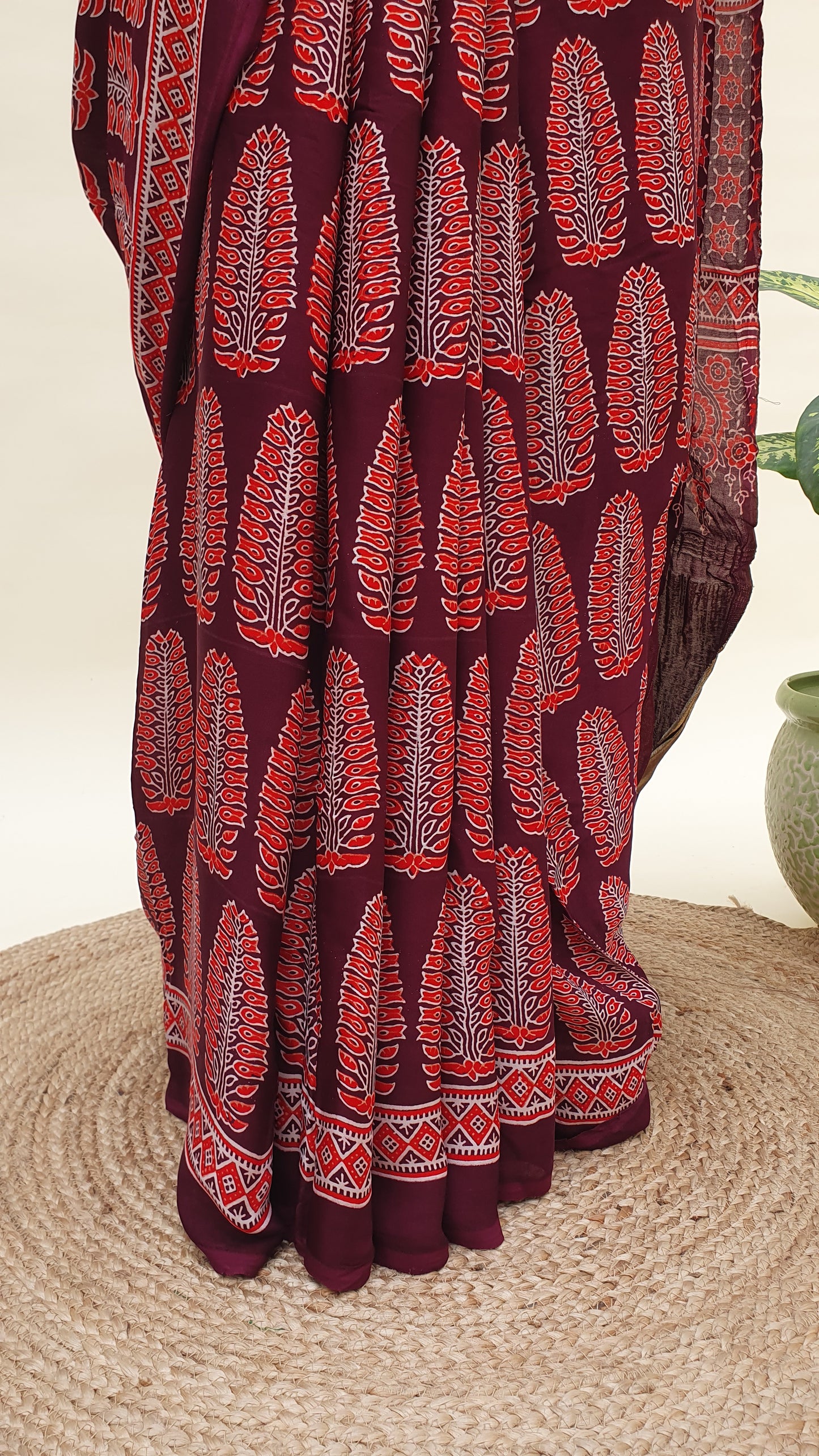 Raktambari Ajrakh Modal Silk Saree | Zari Pallu – MSAJ-0012