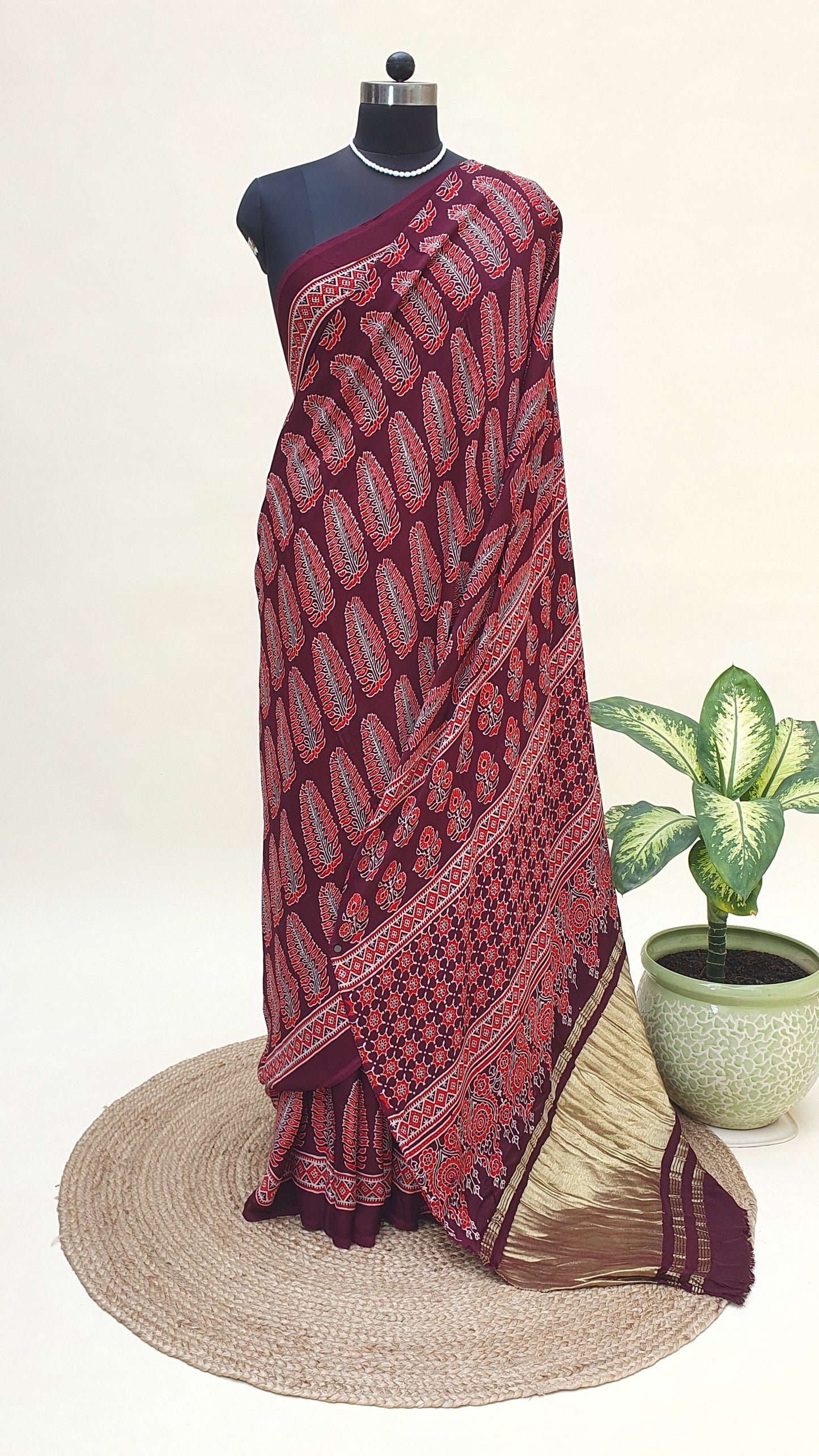 Raktambari Ajrakh Modal Silk Saree | Zari Pallu – MSAJ-0012