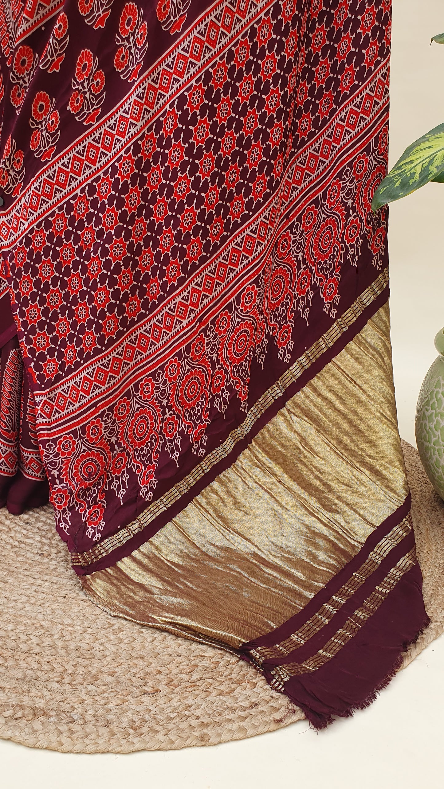 Raktambari Ajrakh Modal Silk Saree | Zari Pallu – MSAJ-0012