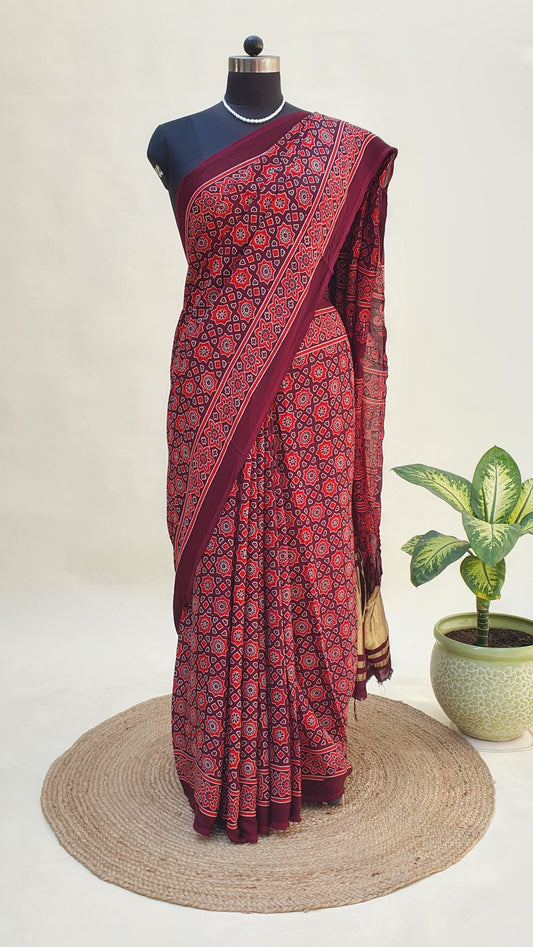 Kaamini Ajrakh Modal Silk Saree | Zari Pallu – MSAJ-0014