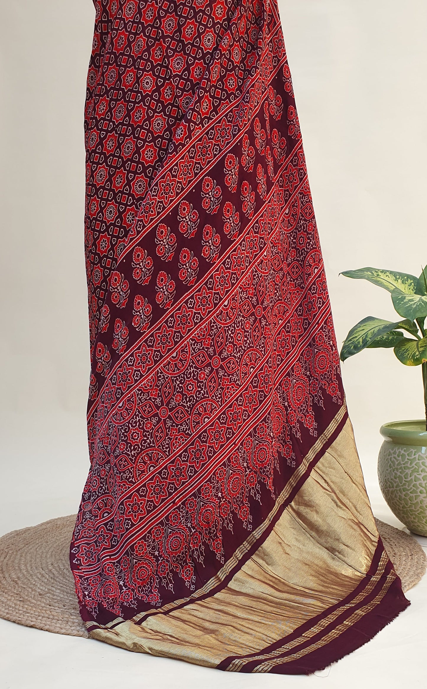 Kaamini Ajrakh Modal Silk Saree | Zari Pallu – MSAJ-0014