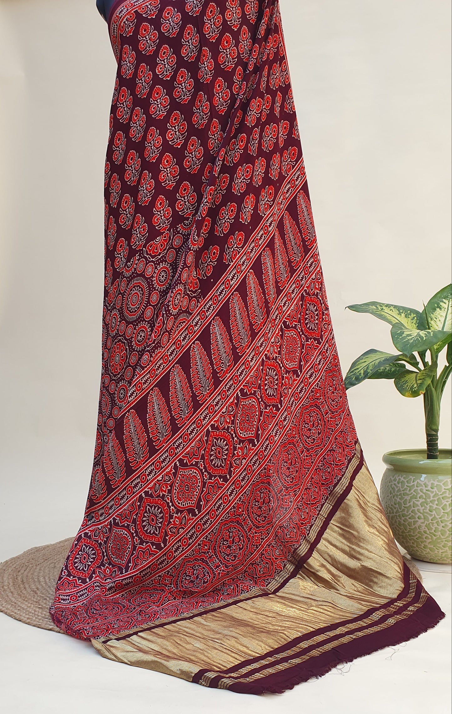 Lalima Ajrakh Modal Silk Saree | Zari Pallu – MSAJ-0015