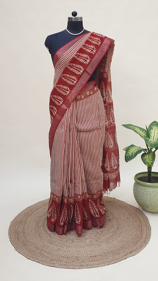 Scarlet HBP Linen Saree | LNHB-0014