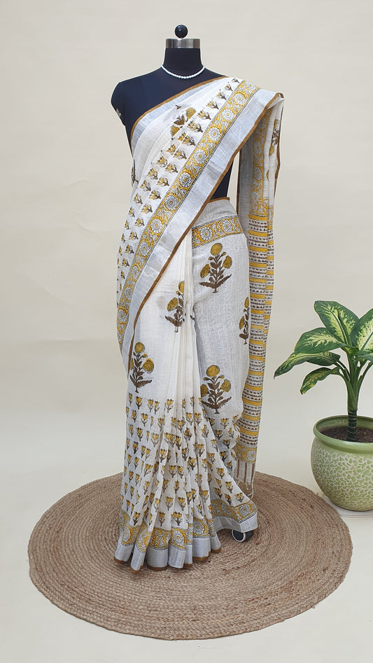 Shubhra Suvarnam HBP Linen Saree | LNHB-0023
