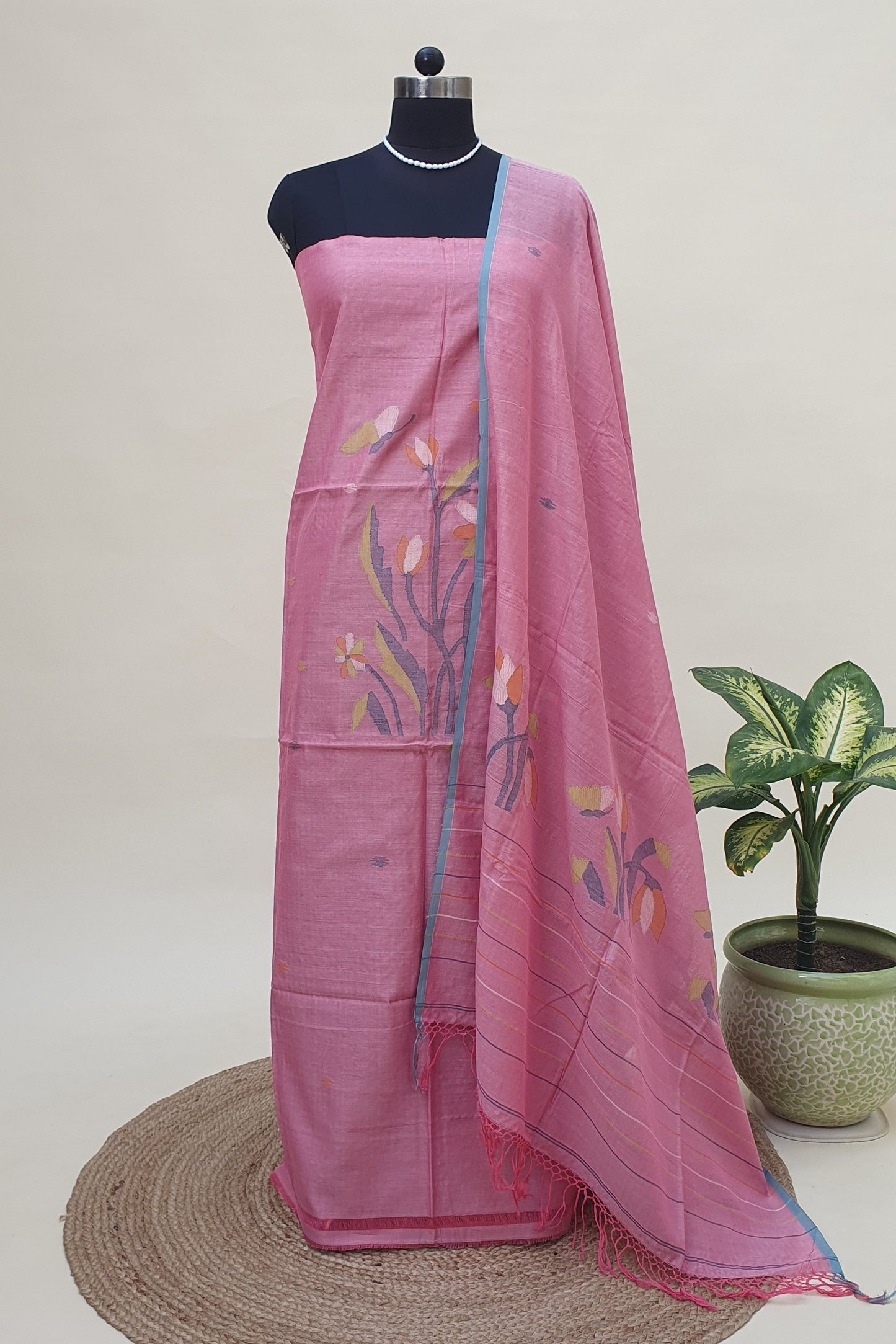 Flamingo Pink Cotton Jamdani Suit JDCC-0007