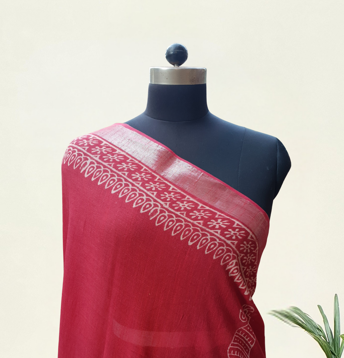 Red HBP Linen Saree LNHB-0008