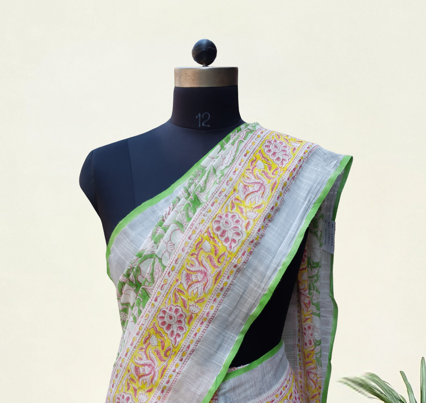 Parrot Green & Yellow HBP Linen Saree LNHB-0004