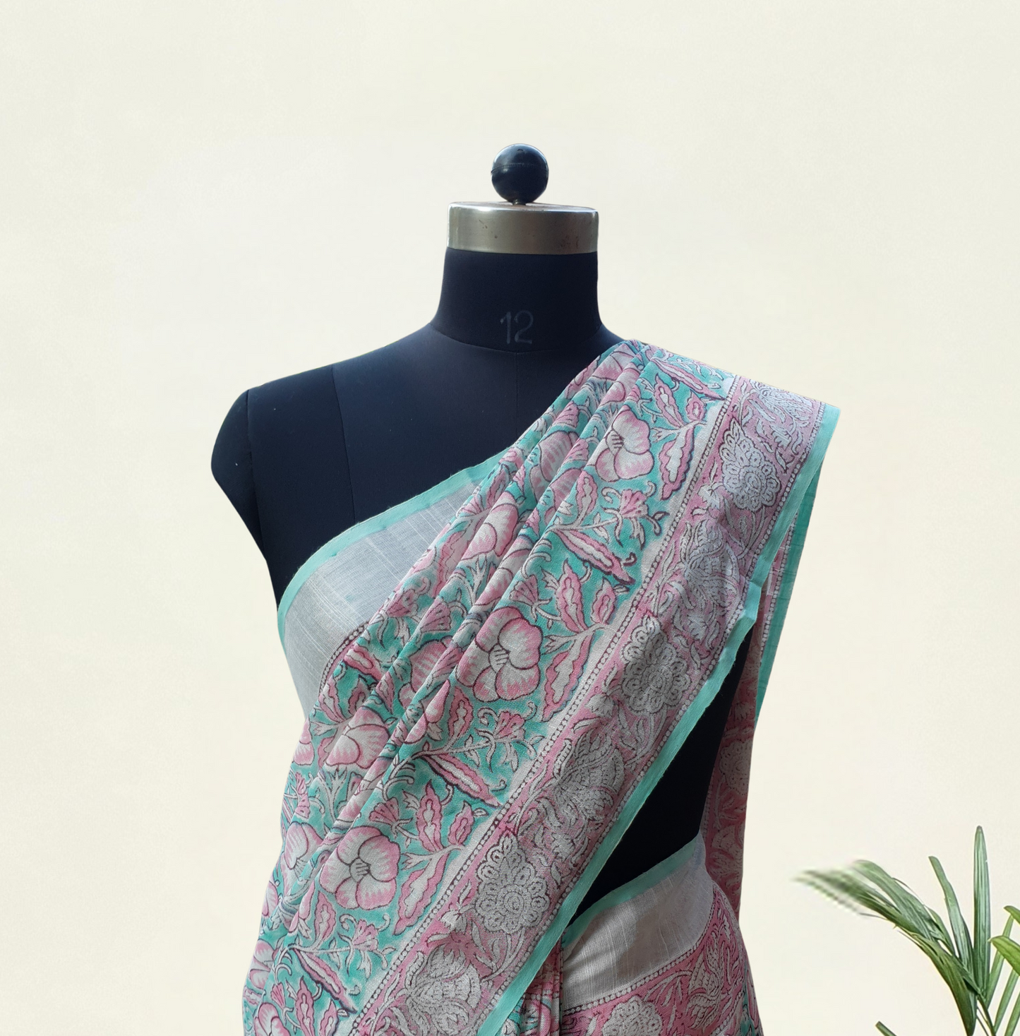 Sea Green & Pink HBP Linen Saree LNHB-0007
