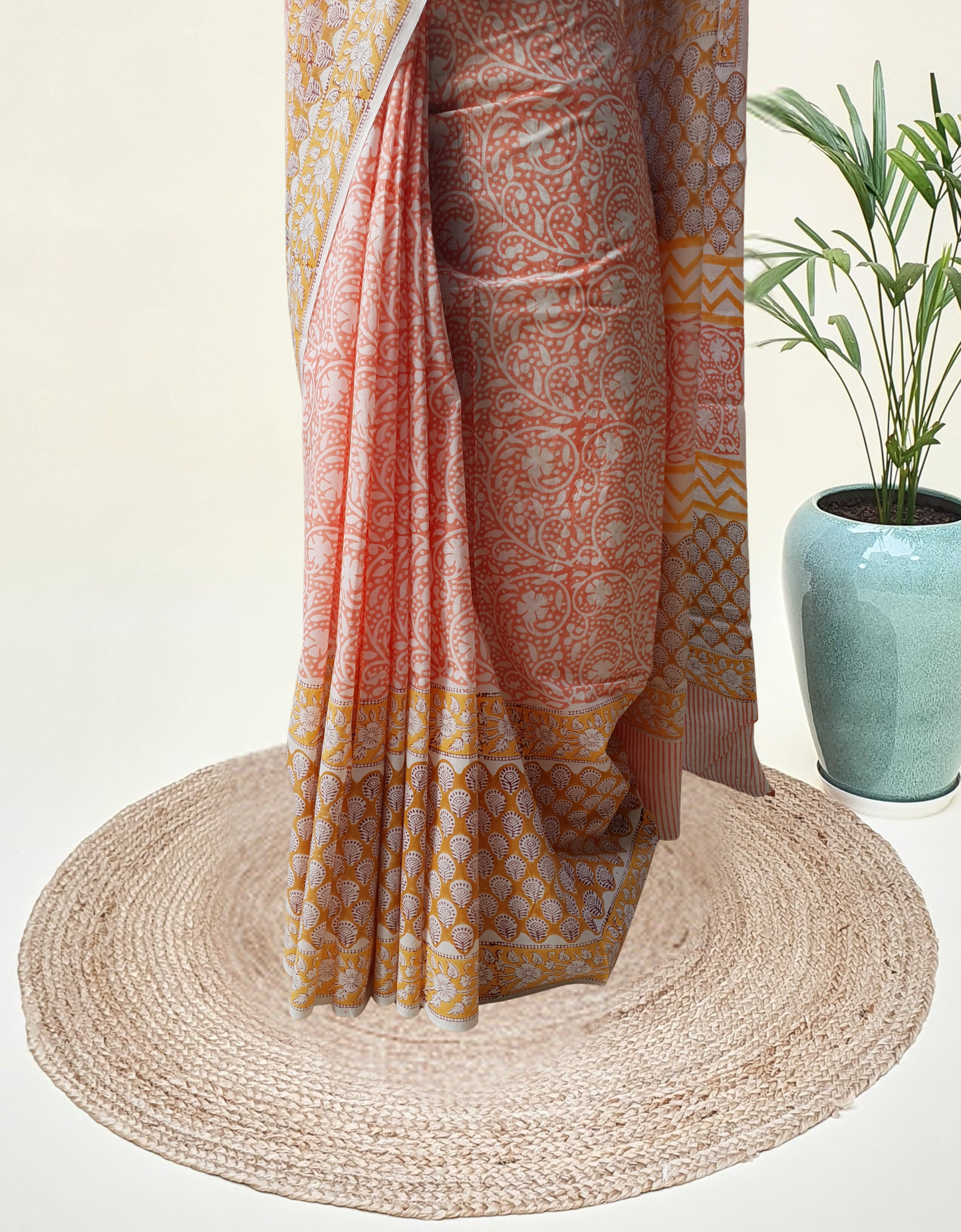 Peach HBP Mul Cotton Saree MCHB-0017