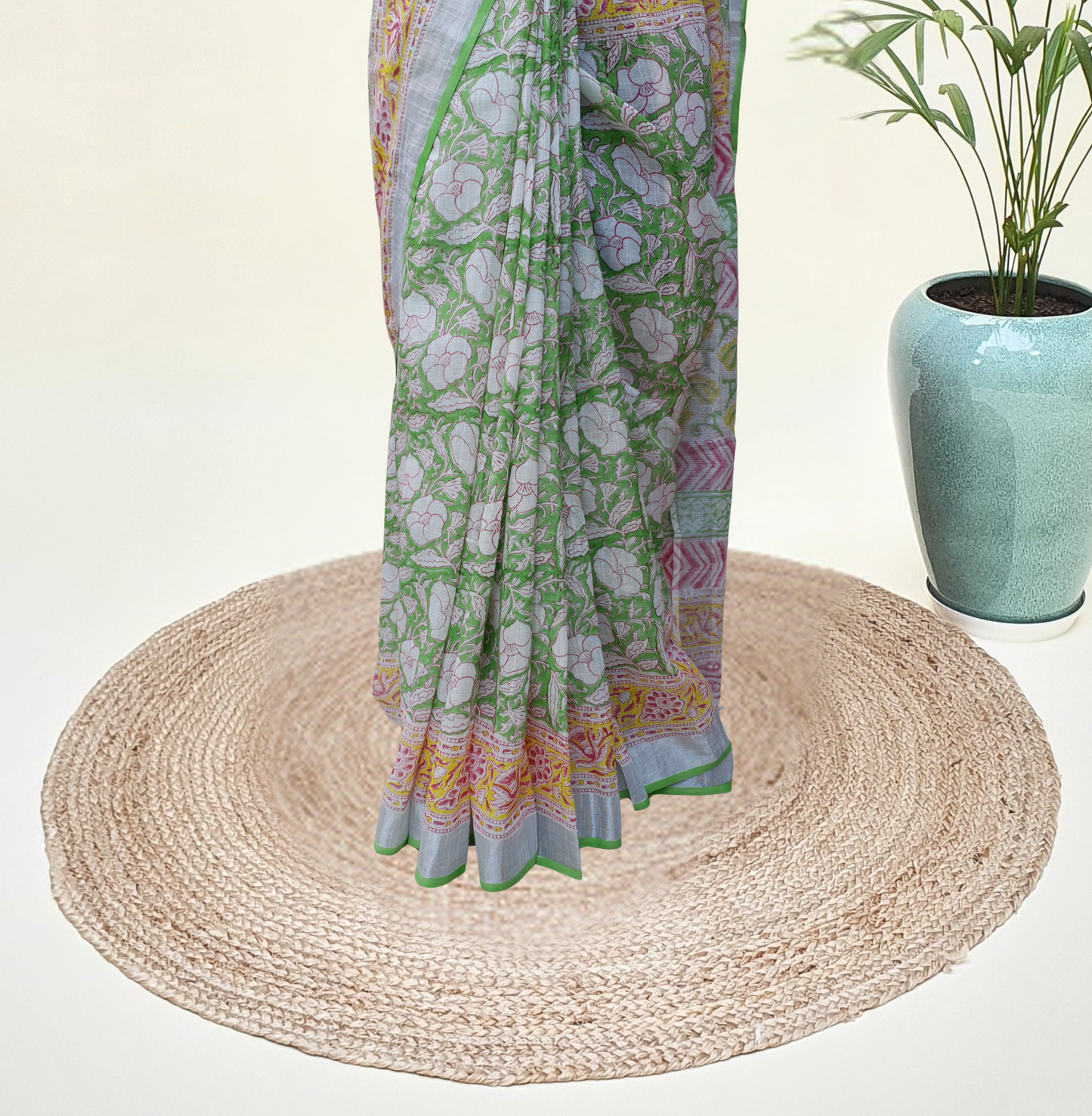 Parrot Green & Yellow HBP Linen Saree LNHB-0004