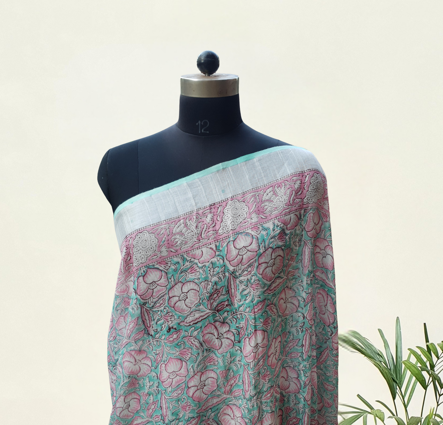 Sea Green & Pink HBP Linen Saree LNHB-0007