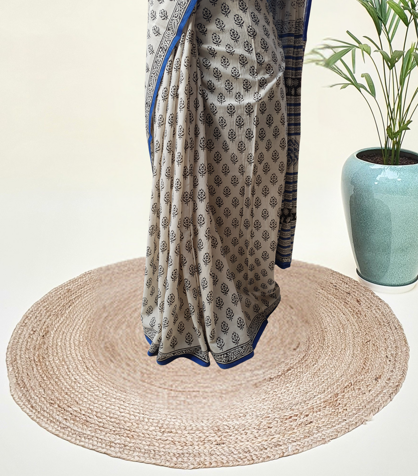 Beige & Blue HBP Mul Cotton Saree MCHB-0023