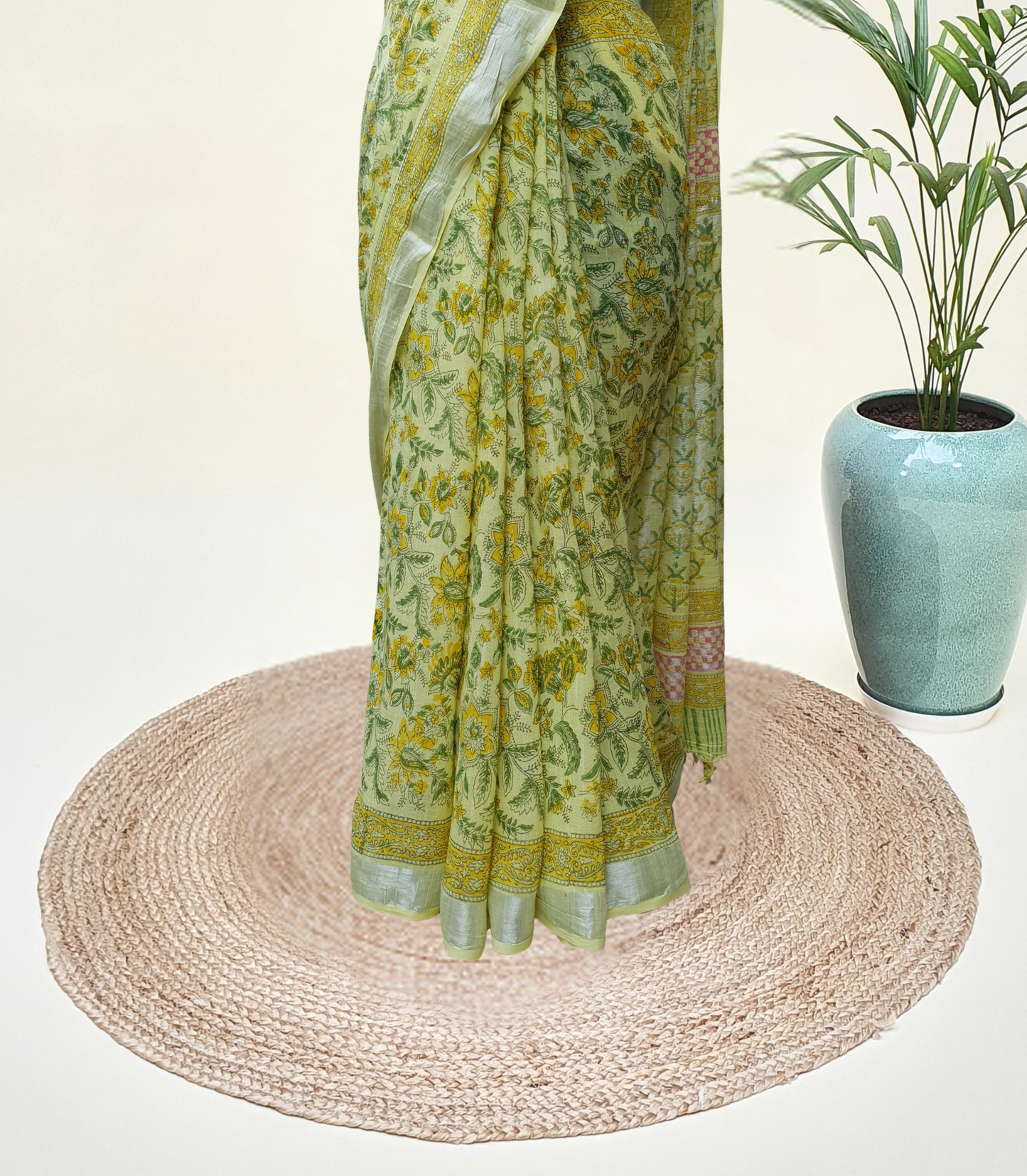 Lemon Yellow HBP Linen Saree LNHB-0001