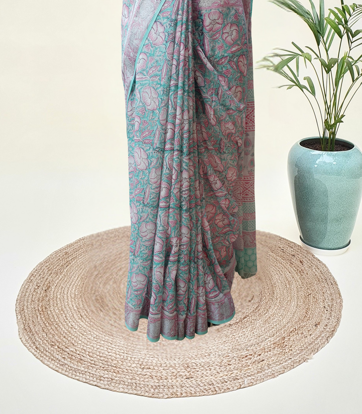 Sea Green & Pink HBP Linen Saree LNHB-0007