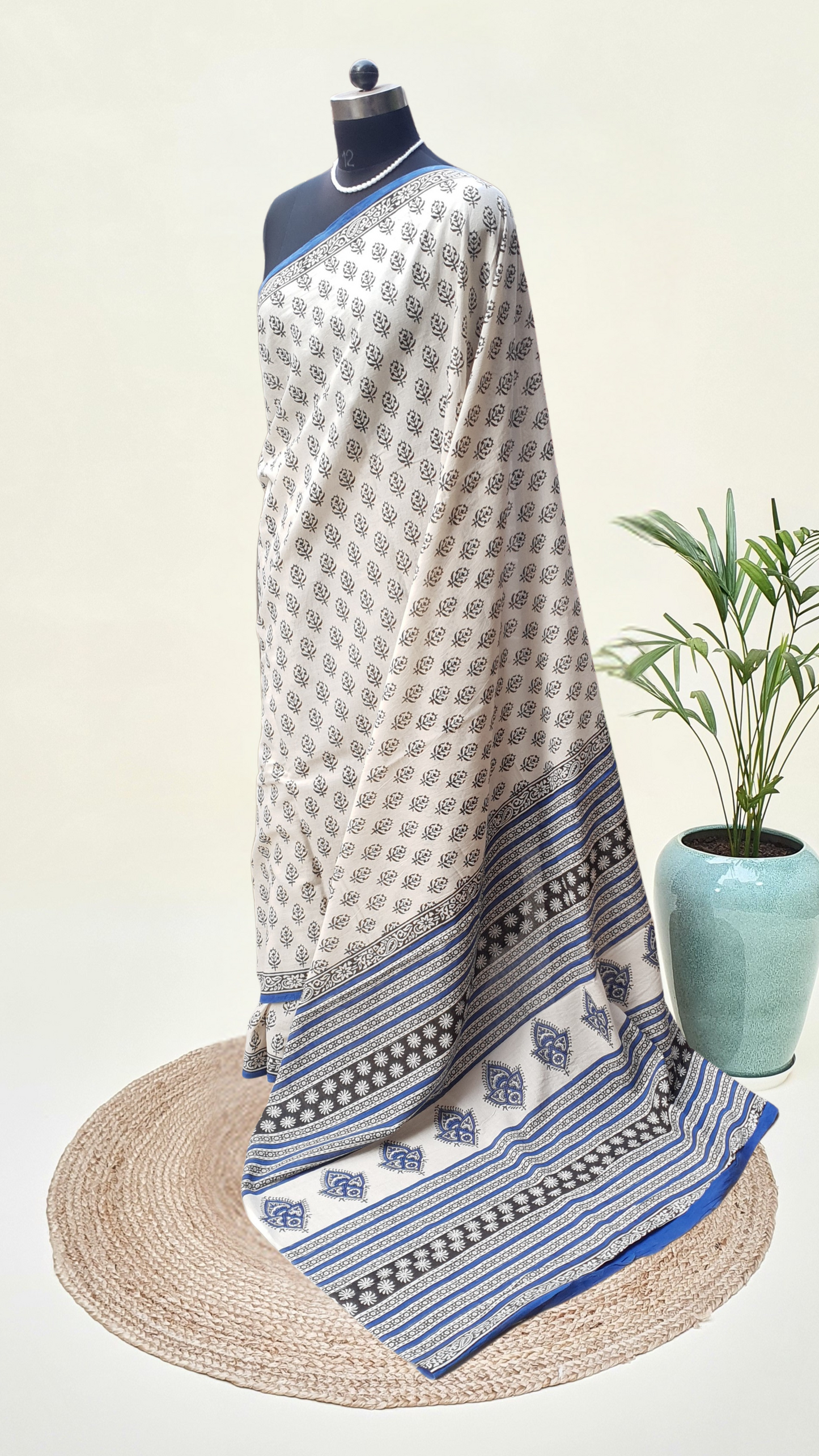 Beige & Blue HBP Mul Cotton Saree MCHB-0023