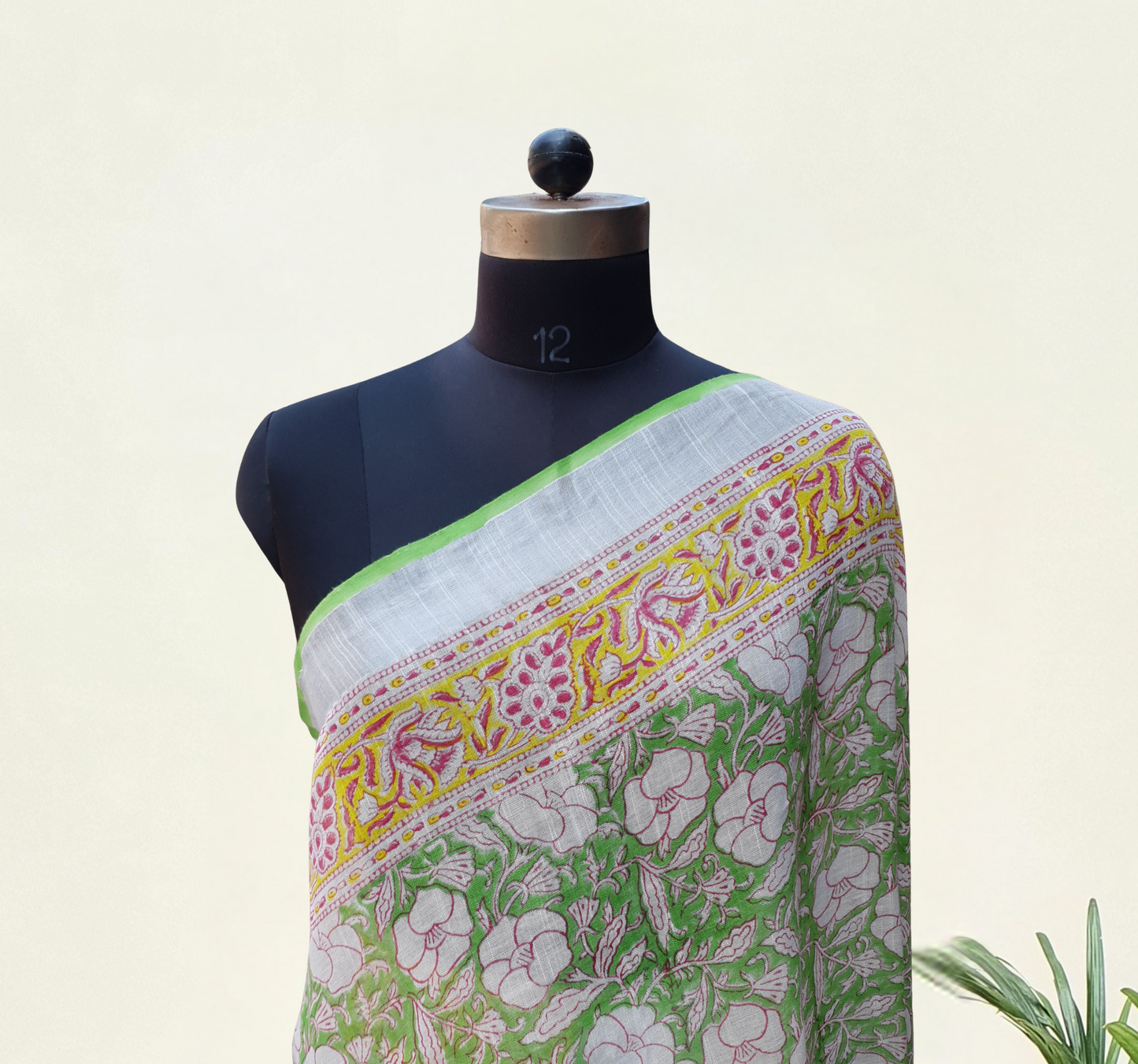 Parrot Green & Yellow HBP Linen Saree LNHB-0004