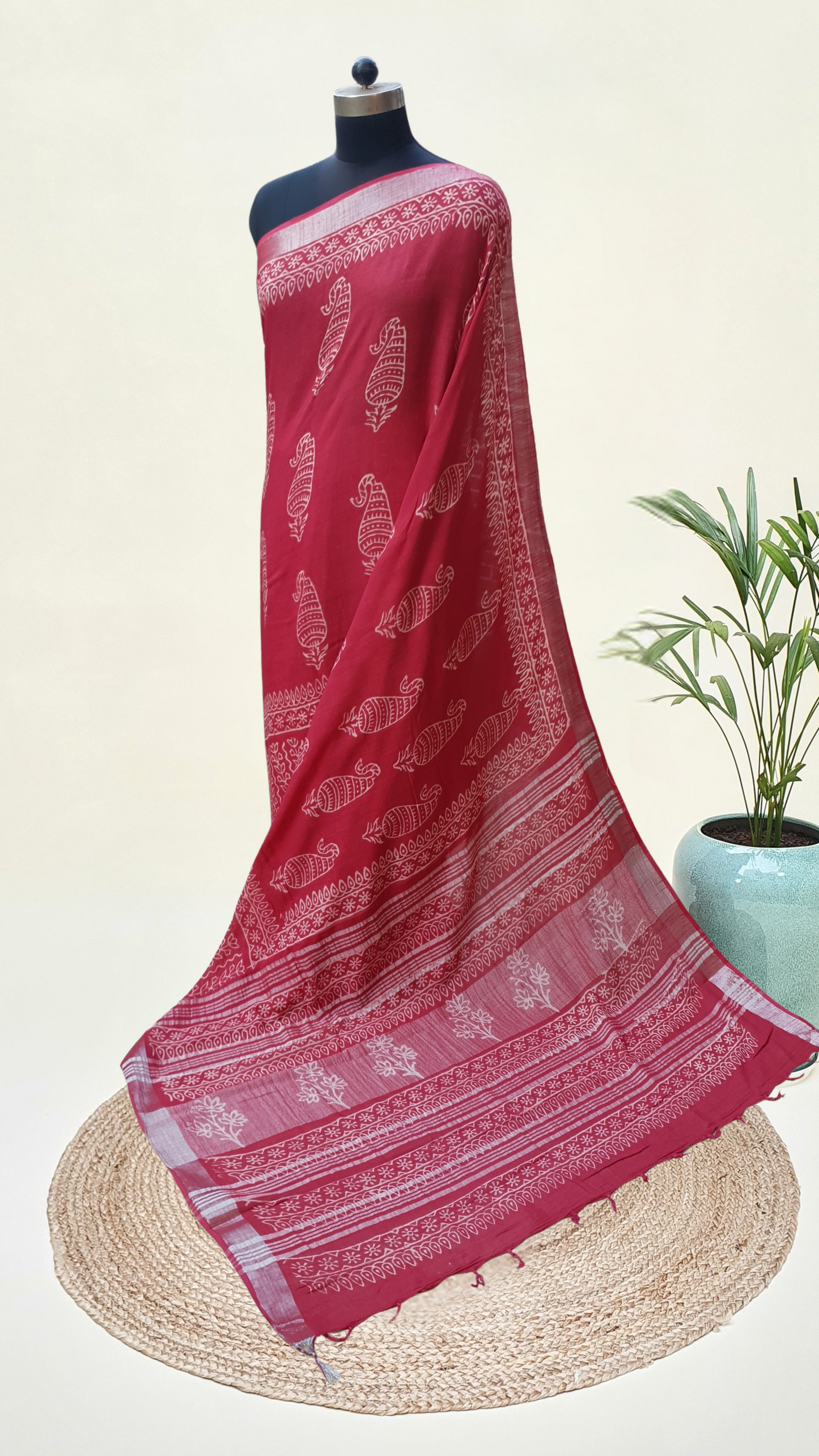 Red HBP Linen Saree LNHB-0008